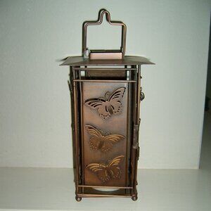 Copper Lantern Filigree Butterflies Candle Holder, w/Battery Candle, VGUC